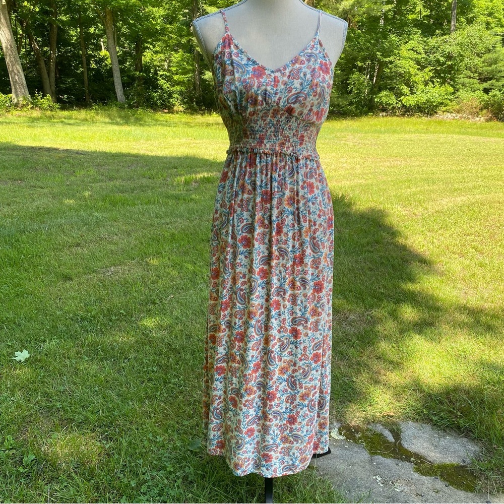PATRONS OF PEACE DRESS MAXI SLEEVELESS SMOCKED CREAM BLUE ORANGE FLORAL SIZE M